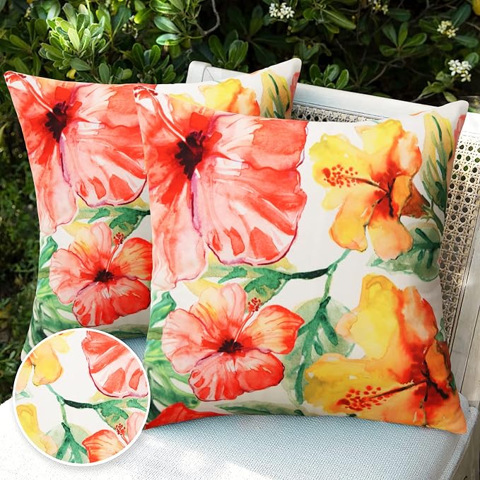 Pyonic Outdoor Pillow Covers Pack of 2 Red Yellow Floral Waterproof Throw Pillow Covers 18X18 inch Outdoor Pillows for Patio Furniture Garden Square Outside Waterproof Pillow