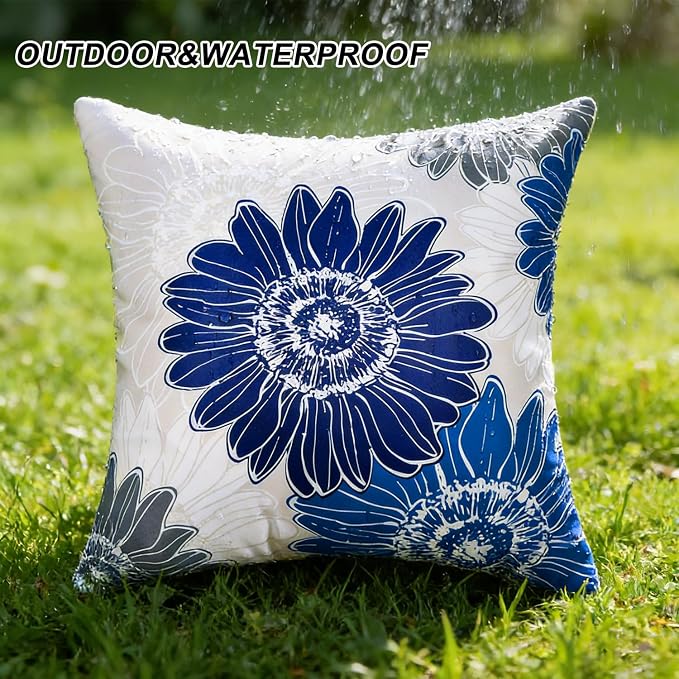 Outdoor Floral Throw Pillow Cover Blue Grey Sunflower Decorative Accent Pillows 16x16 Set of 2 Pillow Covers Waterproof Square Farmhouse Couch Pillow Covers for Living Room Sofa Patio Furniture Garden