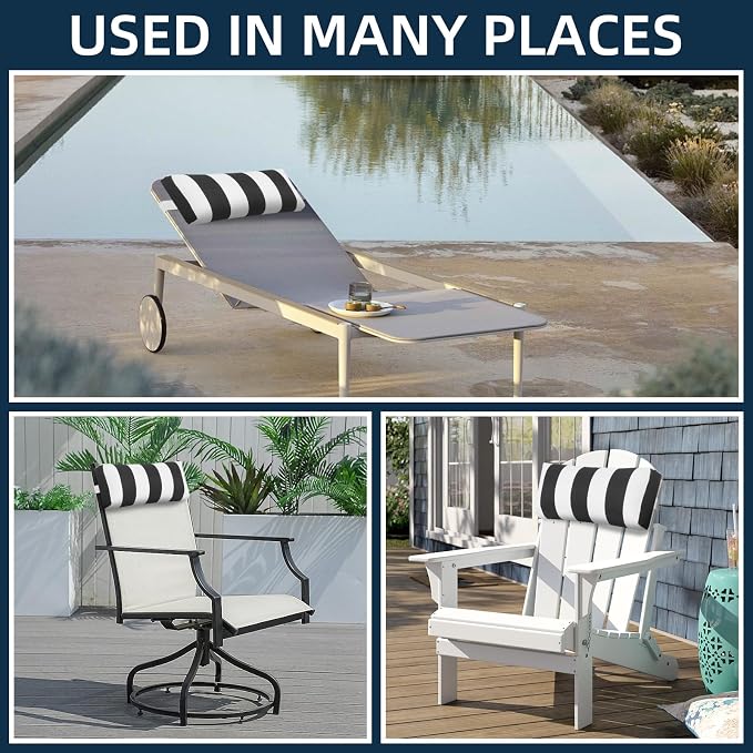 Outdoor Pillow for Chaise Lounge Chair, 2pcs Striped Chaise Lounge Pillows, Adjustable Strap Head Lumbar Pillow for Patio Pool Beach Office, Black