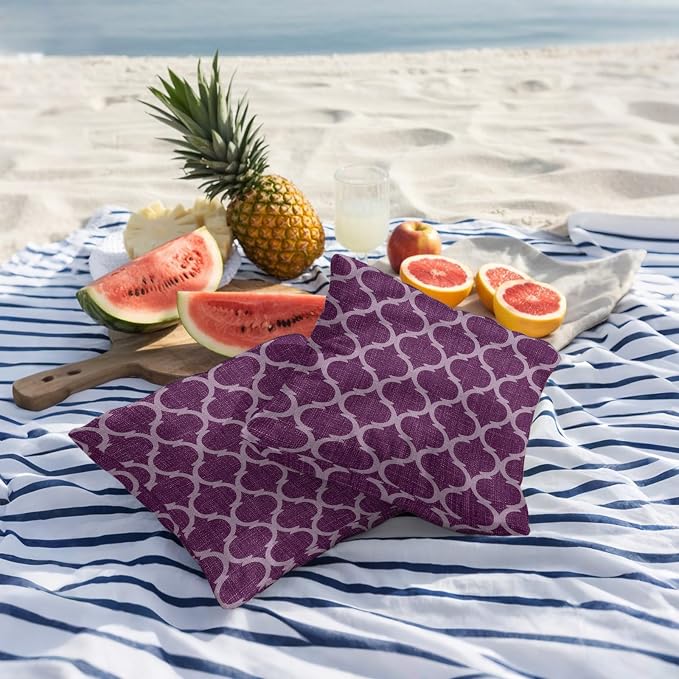 Dark Purple Moroccan Outdoor Pillow Covers 20x20 Inch Throw Pillow Covers Set of 2 Waterproof Decorative Pillow Cases Country Abstract Quatrefoil Lattice Cushion Covers for Patio Furniture Garden
