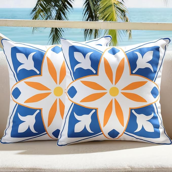 Outdoor Pillow Covers Waterproof Cushion Covers Patio Pillows Case 2 Pack | 18x18inch,Printed Boho Flowers,Seamless,Hidden Zipper,Machine Washable,Perfect decoration for Porch,Patio,Balcony