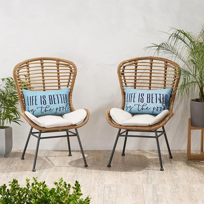Adabana Outdoor Waterproof Lumbar Pillow Covers 12x20 Inch, Life is Better | Blue Decor Waterproof Pillow Cover Set of 2 for Patio, Porch, Garden Furniture,Life is Better by The Pool