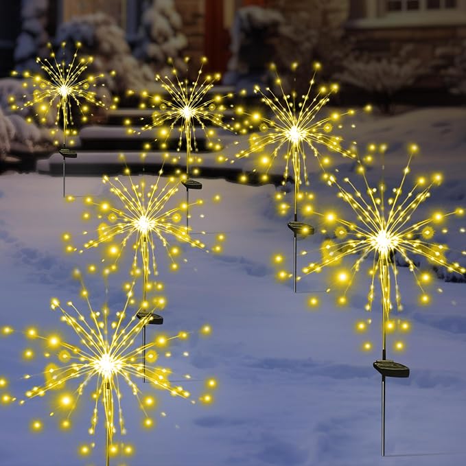 Solar Garden Firework Lights, 4 Pack, Waterproof, 120 LED, Outdoor, Warm White, Pathway, Patio, Party Decorations