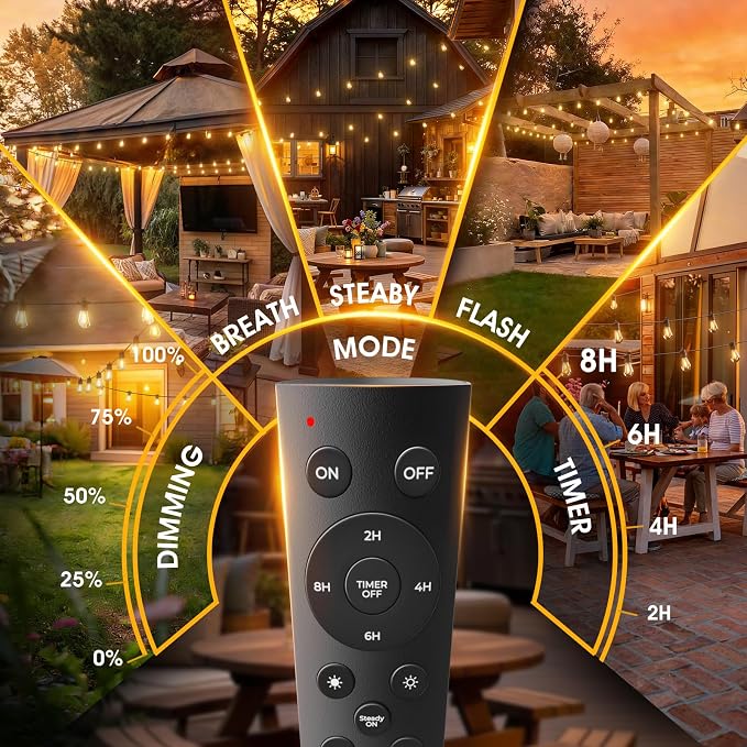 addlon 48FT Outdoor String Lights with 24 Dimmable Edison Bulbs for Patio | UL Listed, Remote Control. Waterproof Shatterproof Bulbs, Timer, Linkable, 2700K Warm White. Backyard, Pergola, Deck, Garden.