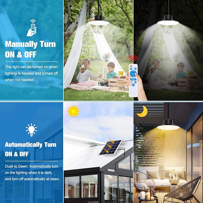 Solar Lights Outdoor, LED Solar Pendant Light 3000K|4000K|5000K| Dimmable Lighting with Remote Control, 16.4ft Cable IP66 Waterproof for Patio, Garage, Camp, Chicken Coop, Shed Barn