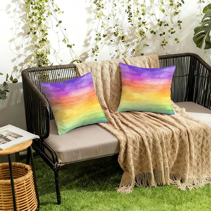 16x16 Inch Outdoor Pillow Covers Set of 2 Waterproof Throw Pillow Covers Decorative Couch Cushion Covers Watercolor Rainbow Square Pillowcases Protectors for Patio Garden Sofa