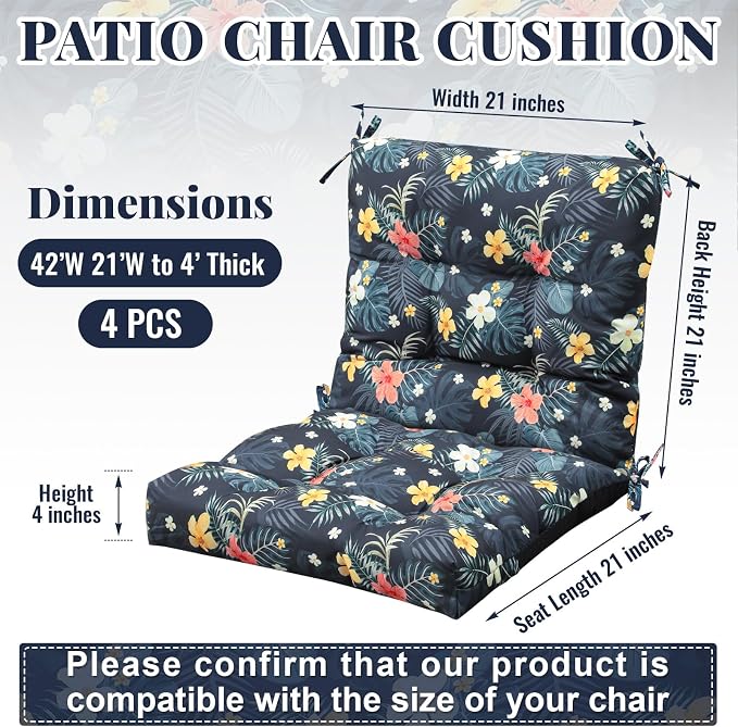 Marsui 4 Pcs Outdoor Indoor High Back Chair Cushions Patio Furniture Tufted Pillow with Ties Water-Resistant Replacement Outdoor Rocking Chair Cushions, 42 x 21 Inches (Dark Color,Plants)