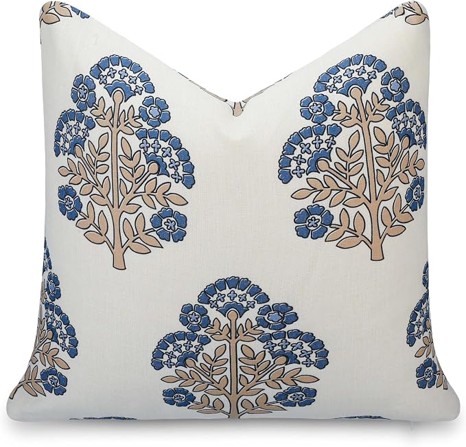 California Casual Coastal Indoor Outdoor Throw Pillow Cover, 20"x20" Water Repellent for Patio, Backyard, Couch, Poolside, Earth Tone Tan Azure Blue Block Print Hydrangea Flowers