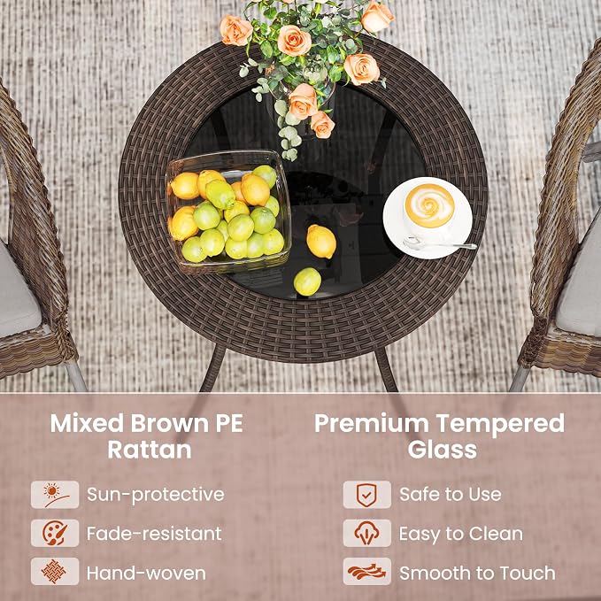 Tangkula 25.5" Wicker Patio Dining Table, Outdoor Round Bistro Side Table with Tempered Glass Top and Storage Shelf, for Balcony, Garden and Backyard