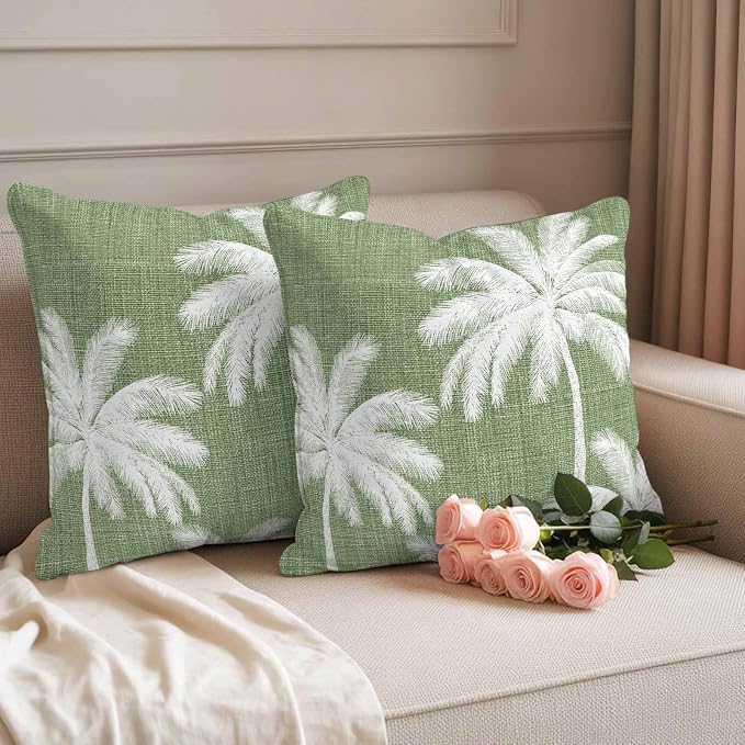 Outdoor Pillow Covers 20x20 Inch Set of 2, Dark Sage Green Palm Trees Waterproof Throw Pillow Covers, Tropical Summer Beach Decorative Cushion Pillowcases for Couch, Sofa, Bed, Garden, Patio