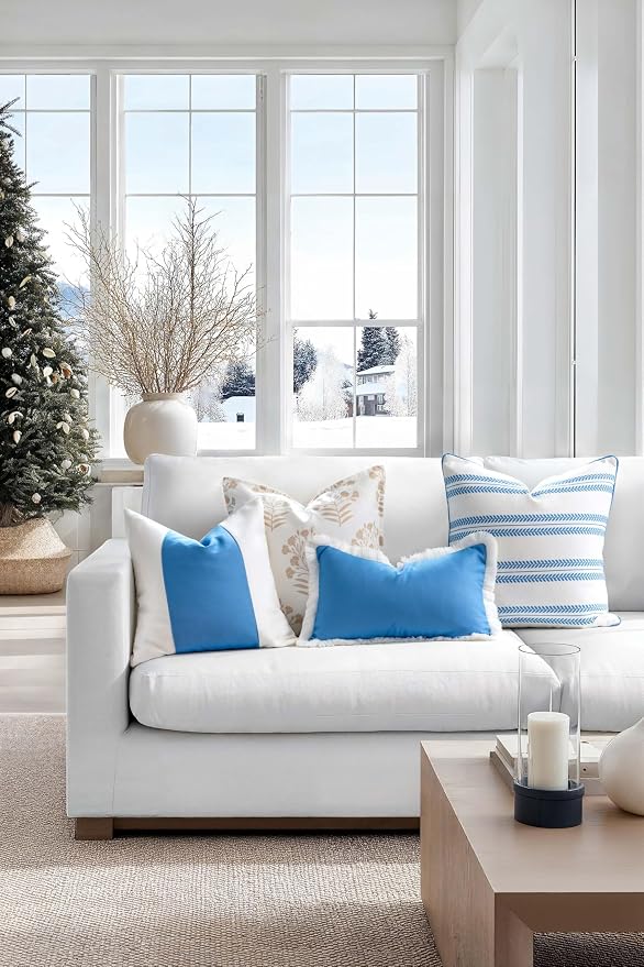 Hofdeco Premium Coastal Hampton Patio Indoor Outdoor Throw Pillow Cover Only, 20"x20" Water Repellent for Backyard, Couch, Poolside, Azure Blue Print Color Block