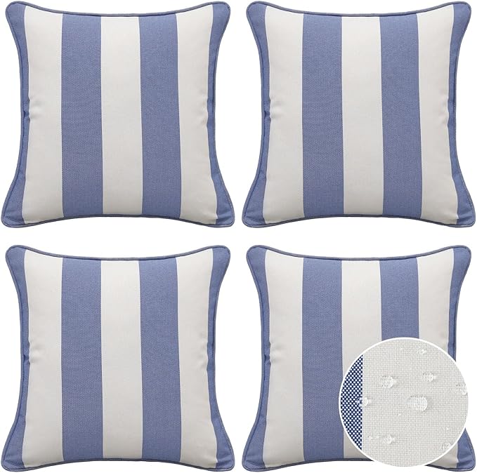 Unimatta Decorative Outdoor Water Repellent Throw Pillows with Inserts, Set of 4, 18" x18" Pillows for Patio, Backyard, Bed, Couch, and Patio Furniture, Navy Stripe