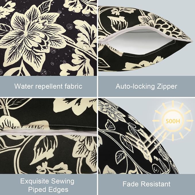 LVTXIII Outdoor Throw Pillow Covers Set of 2, Patio Waterproof Pillow Cases Fade Resistant Accent Pillow Covers for Home and Garden Furniture Decoration, 16x16, Elegant Vines Black
