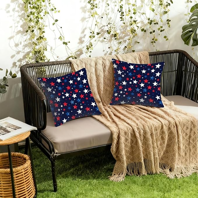 16x16 Inch Outdoor Pillow Covers Set of 2 Waterproof Throw Pillow Covers Decorative Couch Cushion Covers White Blue Red Stars Square Pillowcases Protectors for Patio Garden Sofa