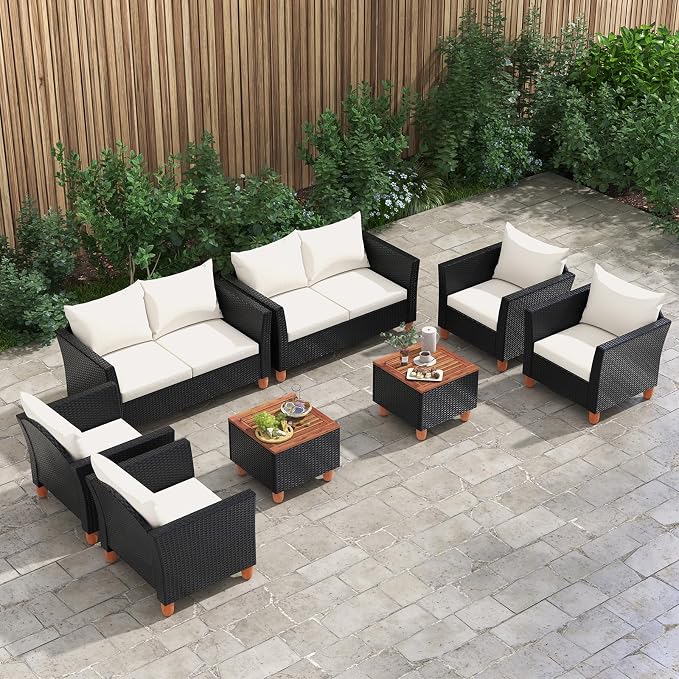 Tangkula 4 Piece Outdoor Conversation Set, Patio Cushioned Chairs w/Storage Coffee Table, Acacia Wood Tabletop & Chair Legs, Patio Wicker Furniture Set for Poolside, Lawn, Porch (1, Off White)
