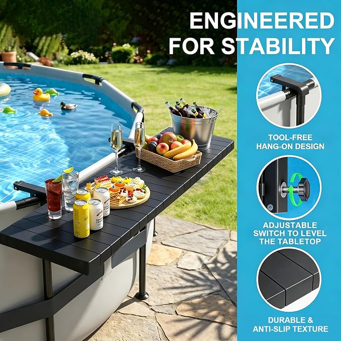 Swim Up Bar Table for Above Ground Pools - 49.4"×9.6" Galvanized Iron Black Pool Shelf, Holds 110lbs, Fits Top Rails of 4.48" or Less, for Round/Oval/Frame Swimming Pools