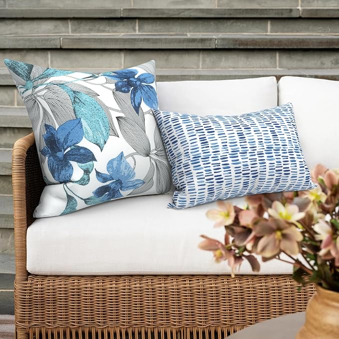 Outdoor 16x16 Inch Throw Pillow Covers Set of 2, All Weather Square Pillow Cases, Patio Cushion Pillow of Home Furniture Use, Clemens Noir Blue