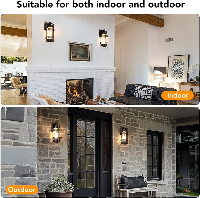 15" Outdoor Porch Light Fixtures Wall Mount, Lantern Lamp,Gold-swept Black | Water Ripple Glass, Rustproof Metal Frame, Waterproof,E26 Base, T30 Bulbs Included, Wall Lantern for Porch, Garage