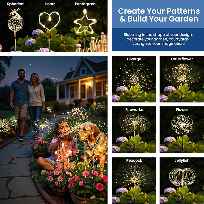 6Pack Solar Lights Outdoor, 120LED Firework Lights | Fireworks Lights Solar Powered, Waterproof Fairy Garden Lights Decor Outside for Yard Pathway Lawn Patio(Warm White)