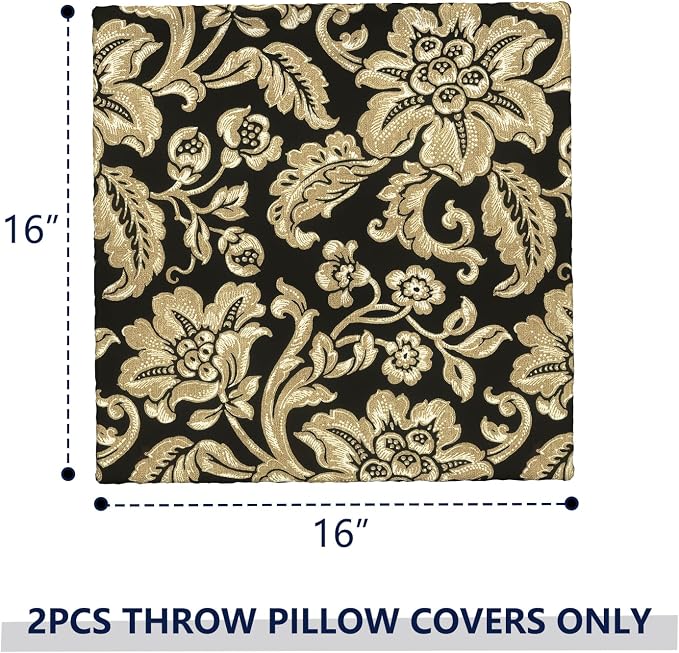 Outdoor Pillow Covers 16x16 Inch Set of 2 Waterproof Decorative Throw Pillow Covers Patio Pillow Cases for Patio Furniture Garden Couch Farmhouse,Jacobean Black