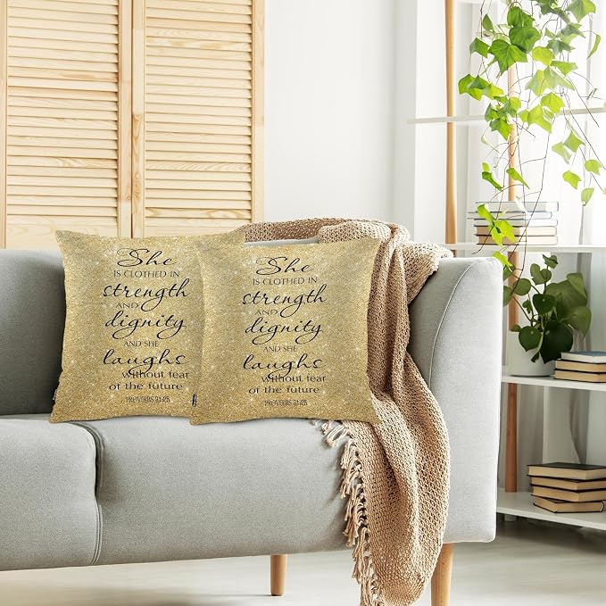 Swono Pillow Covers 18X18 Inch Set of 2 Holy Bible, Throw Pillow Cases Christian Quote Pillowcase Cushion Cover Decor for Home Sofa Bedroom, She Clothed with Strength and Dignity, Gold