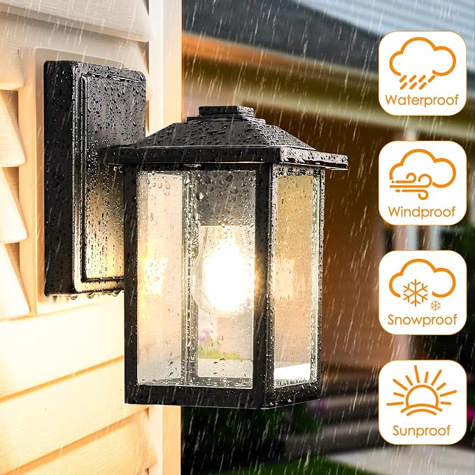 MATAMEYE Outdoor Wall Light Fixture, Exterior Waterproof Porch Lighting | Large Black Patio Wall Lantern, Anti-Rust, Clear Glass, E26 Socket, Wall Mount Sconce Lighting, Outside Front Door Light