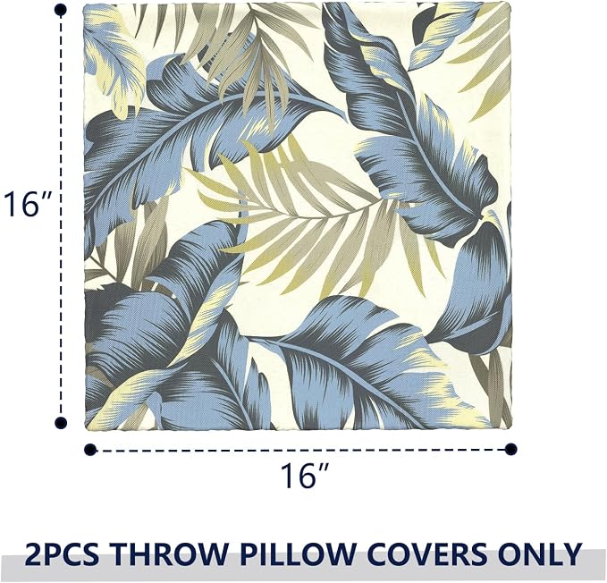Outdoor Pillow Covers 16x16 Inch Set of 2 Waterproof Decorative Throw Pillow Covers Patio Pillow Cases for Patio Furniture Garden Couch Farmhouse,Lush Palm Blue