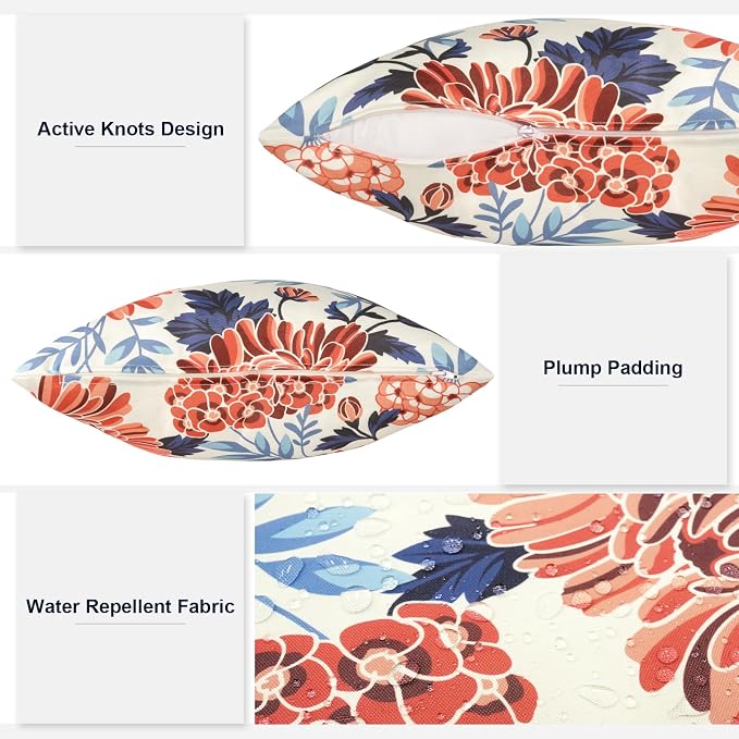 Outdoor 20x20 Inch Throw Pillows with Inners, Square Pillows Decorative Set of 2 for Home Garden Furniture, Red Chrysanthemum