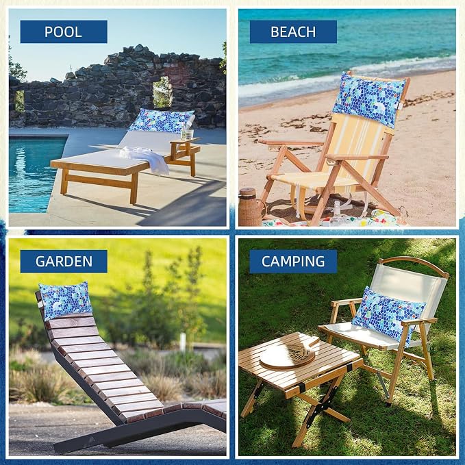 Chaise Head Rest Pillows Set of 2, Waterproof Outdoor Lounge Pillow Lumbar Pillows with Insert Adjustable Elastic Strap Decorative Pillows for Patio Beach Pool Chair, Blue Geometric