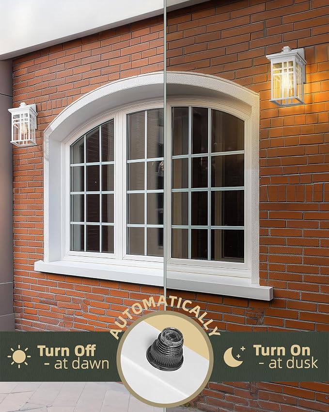 Dusk to Dawn Sensor Outdoor Wall Sconce - HWH Exterior Wall Lantern Light Fixture for Porch, Garage, Doorway, Garden, Glossy White Finish, 5HD27B-PC WH