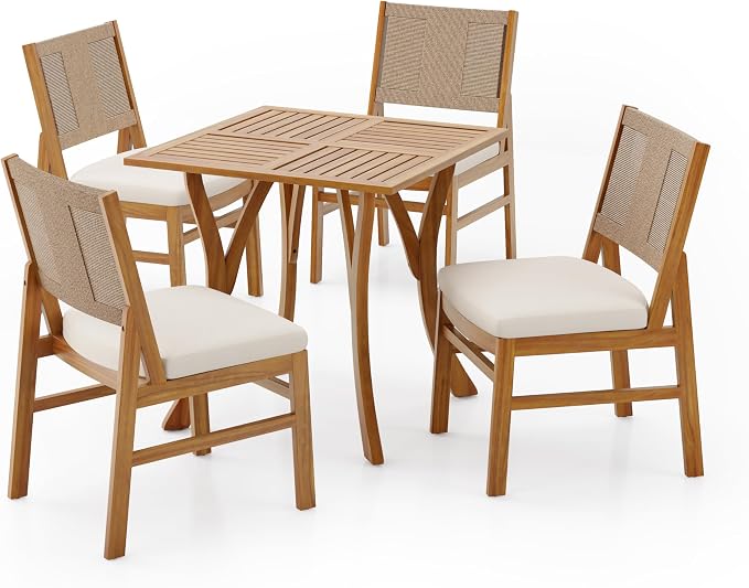 Merax Outdoor Farmhouse Acacia Wood Dining Set of 5, Patio 31.5" Square Dining Table, 4 Wicker Back Dining Chairs with Cushions for Deck, Yard, Porch, Weather Resistant, Easy Assembly, Cream+Teak