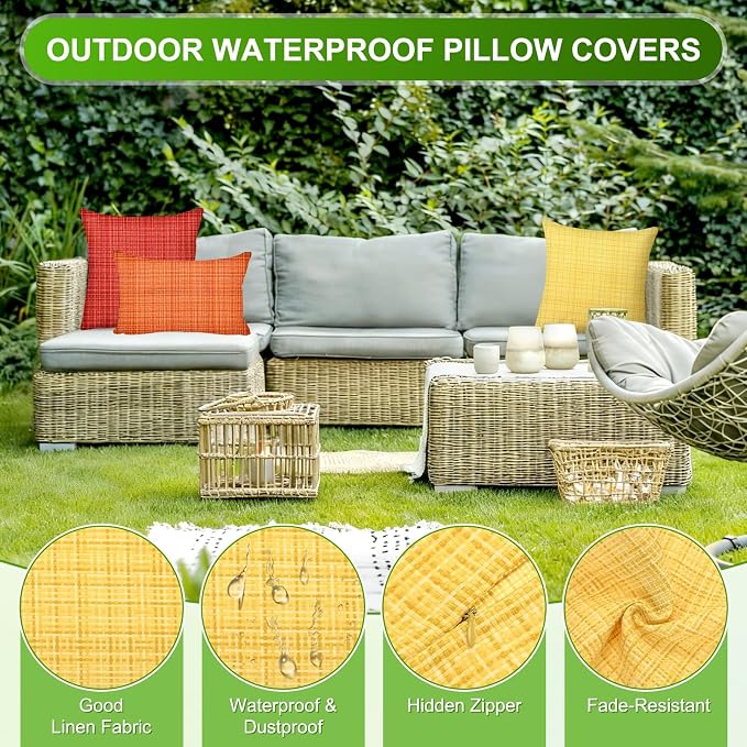 M METERXITY 2-Pack Outdoor Waterproof Throw Pillow Cover, 16x16 Inch Linen Weaving Texture Decorative Cushion Cover for Patio/Balcony/Garden, Water Resistant Pillow Case [Yellow]