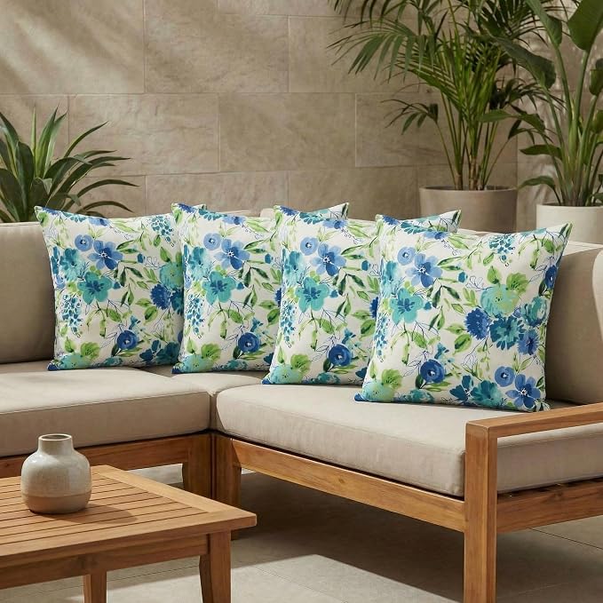 RSH DECOR Square Throw Pillows Set of 4, 24" x 24", Outdoor Pillows Waterproof, Outdoor Pillow Covers, Pillow Covers for Couch,Bettina Aqua, Made in USA