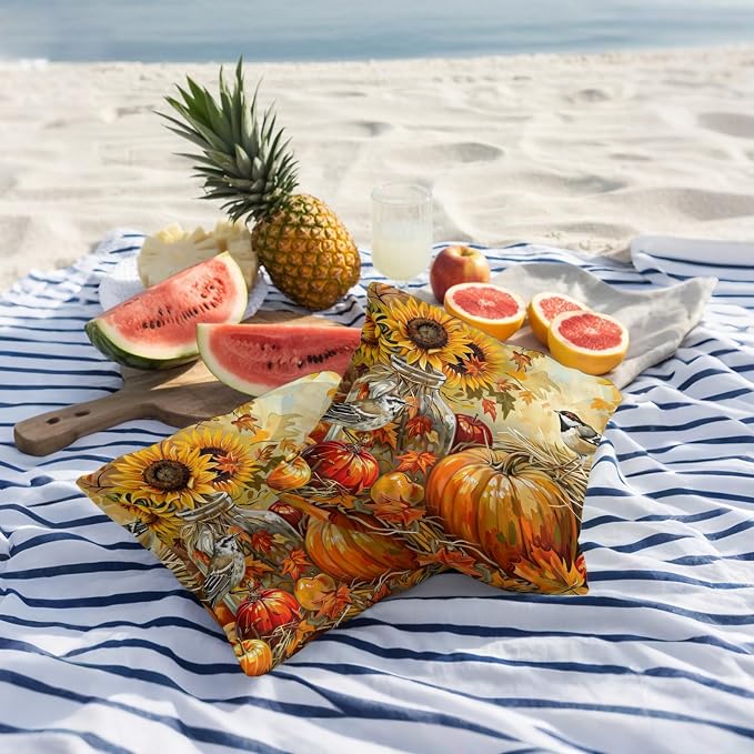 Fall Pumpkins Outdoor Pillow Covers 26x26 Inch Throw Pillow Covers Set of 2 Waterproof Decorative Pillow Cases Sunflowers Birds Thanksgiving Oil Painting Cushion Covers for Patio Furniture Garden