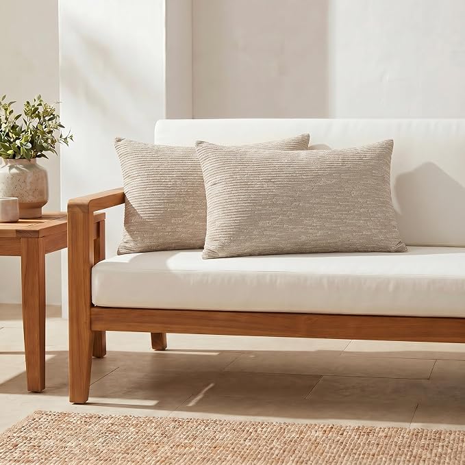 RSH DECOR: Sunbrella Lumbar Throw Pillows Set of 2 | 20" x 12" | Water and Fade-Resistant Fabric | Outdoor Pillow Covers with Down-Alternative Inserts | Made in USA (Soft Cloud Chenille Burlap)