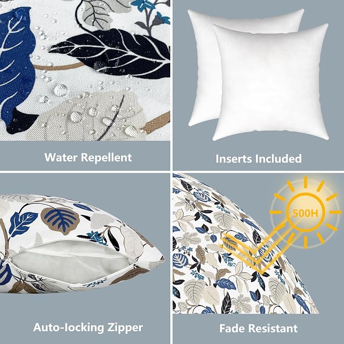 LVTXIII Outdoor Throw Pillows, Decorative Throw Pillows with Inserts, 16"x16" Square Pillows for Bed, Couch, Sofa and Patio Furniture, Set of 2, Breeze Leaves Beige