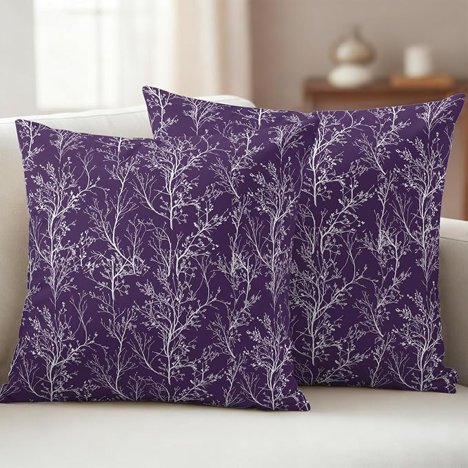 Purple Branches Waterproof Outdoor Pillow Covers Set of 2 Home Decor, Abstract Art Leaves Plant Pillowcase Patio Pillow Covers for Couch Bench Patio Furniture Garden 24x24in