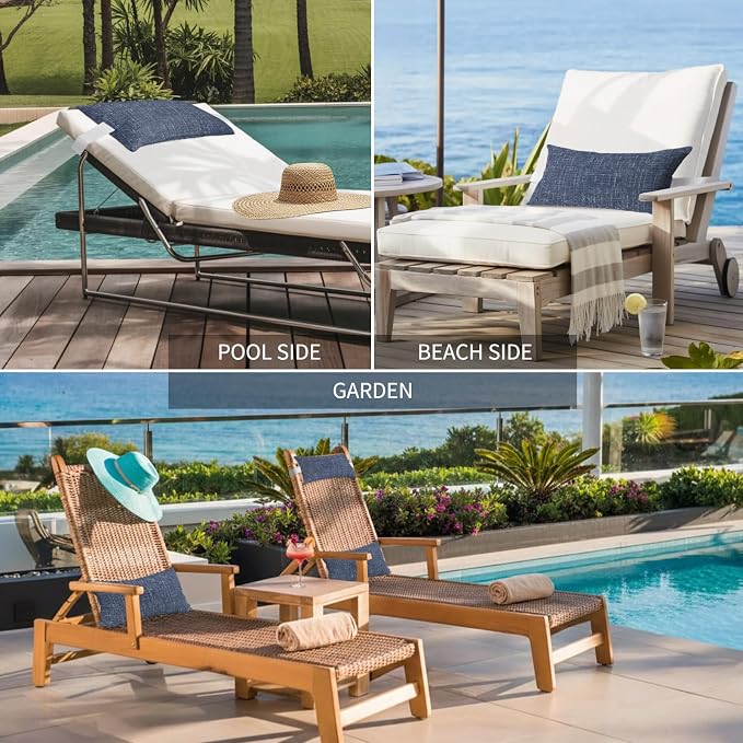 Outdoor Lumbar Pillow Set of 1, Navy Blue Waterproof Beach Headrest Pillow with Inserts, Farmhouse Vintage Blue Solid Color Modern Recliner Throw Pillows for Patio Furniture, 12 x 20