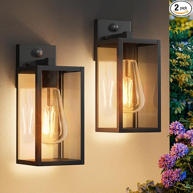 2 Pack 13‘’ Motion Sensor Outdoor Wall Light Fixture, Large Front Porch Lights for House, Exterior Wall Sconce, Black Waterproof Lantern Lamp,Outside Coach Light for Garage Entryway Yard