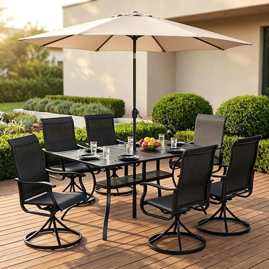 Crownland 7 Piece Furniture Patio Dining Set with Champagne Umbrella, 6 Swivel Metal Chairs and Rectangular Outdoor Dining Table, Outdoor Furniture Dining Set for Lawn, Backyard, Garden(Black)