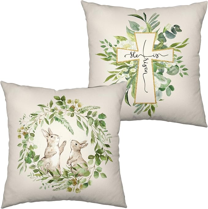 Spring Green Wreath Garland Throw Pillow Covers Easter Bunny Rabbit Pillow Case 20x20 He is Risen Cross Cushion Case for Living Room Home Decor Outdoor Car Set of 2