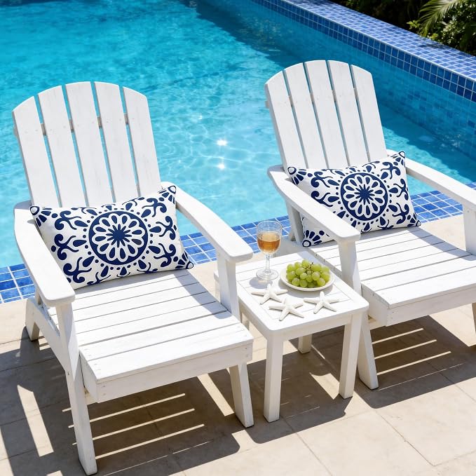 Set of 2 Navy Blue Outdoor Waterproof Pillow Covers 12x20 Inch | Morocco Tile Floral Decorative Throw Pillow Cover, Abstract Boho Outdoor Cushion Cases for Patio Funiture Garden Couch Bench