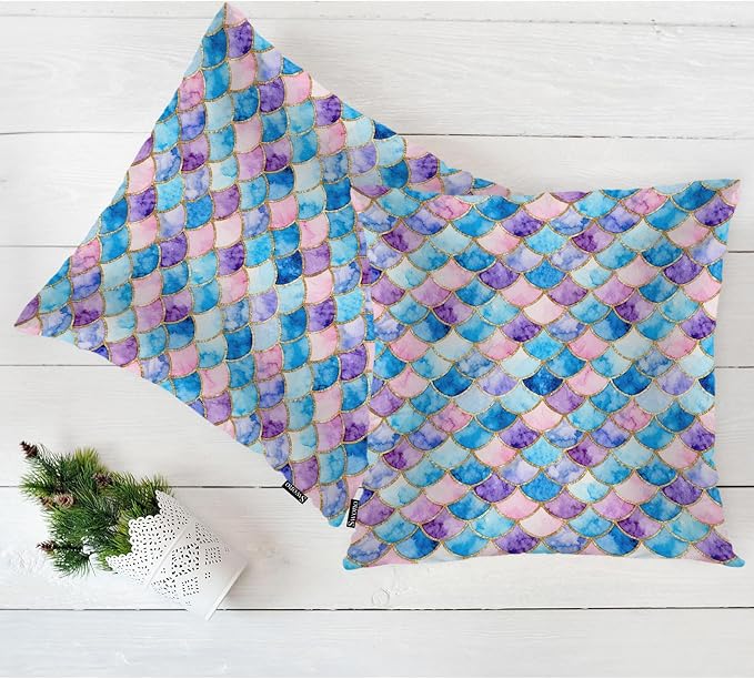 Swono Mermaid Scales Decorative Throw Pillow Cushion Covers, Rainbow Mermaid Fish Scales Cozy Pillowcase Home Decor, Double-Sided Printed Pillow Covers for Bedroom Livingroom Office 18x18 Set of 2