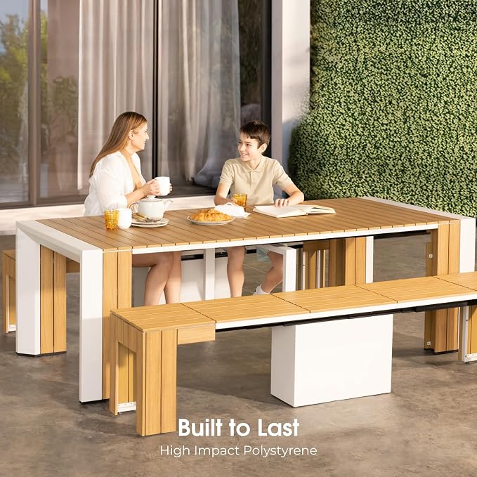 Transformer Table - Extendable Outdoor Dining Set, up to 12 Expandable Patio Table, Seats, Weather-Resistant Patio Furniture, Light Oak, Natural (Table + 2 Benches)