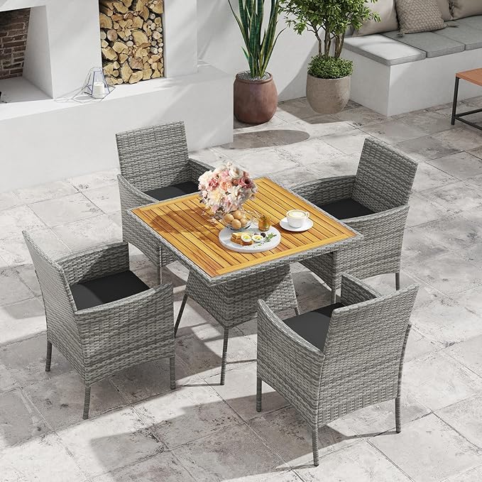 HAPPYGRILL 5 Pieces PE Wicker Patio Dining Set with Table and Chairs with Cushions, Outdoor Patio Furniture Set for Deck, Garden and Backyard (Grey Black & Wood)