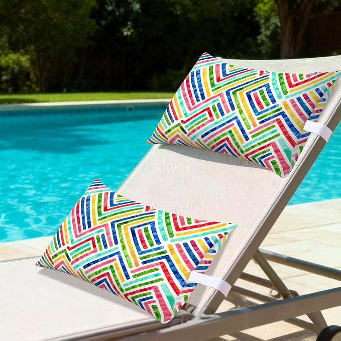 Outdoor Pillows for Lounge Chair Head Resting 2 Pack Waterproof | Headrest Lumbar Pillows with Adjustable Strap for Recliner Beach Pool Lounger Chair, Multicolor