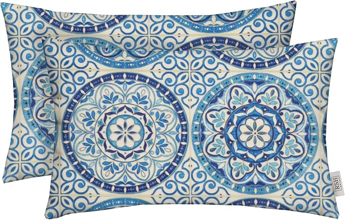 Lumbar Throw Pillows Set of 2, 20"x 12", All-Weather Spun Fabric, Water and Fade-Resistant, Outdoor Support Pillows for Patio Furniture, Blue Wheel Indigo