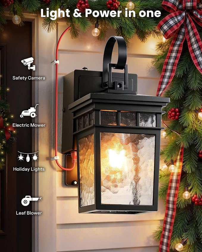Gleamz Dusk to Dawn Outdoor Lighting with GFCI Outlet, Black Porch Lights Outdoor with Water-Ripple Glass, Anti-Rust Exterior Lights for House, Garage, Patio, Doorway, 100% Aluminum, Waterproof