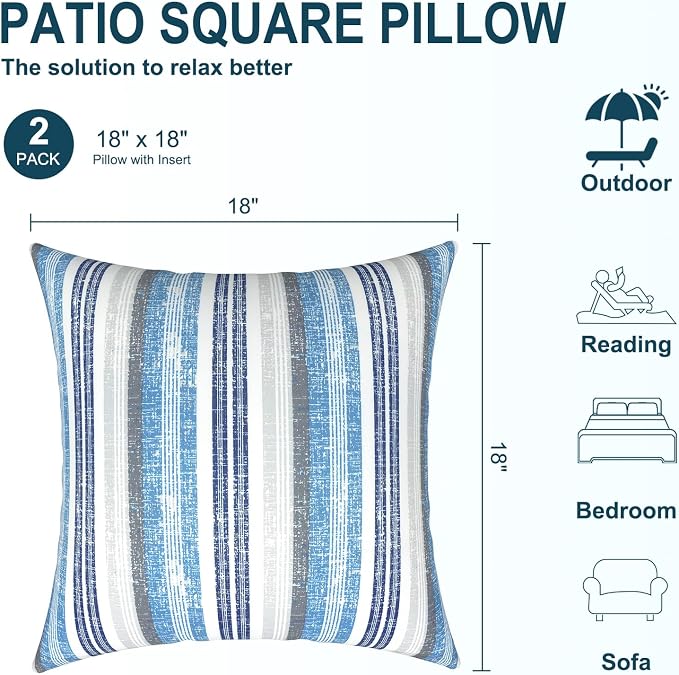 DYTXIII Pack of 2 Waterproof Outdoor Pillow with Inserts, 18x18 Square Patio Decorative Throw Pillow for Home,Sofa,Bench and Patio Furniture,Stripe Layered Blue