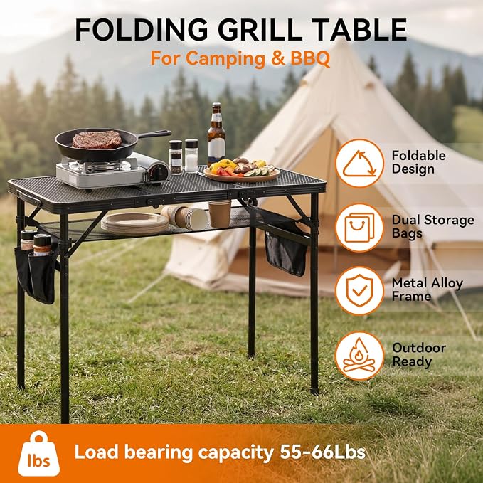 3Ft Foldable Grill Table for Camping, Portable Metal Mesh BBQTable with Dual Side Storage Bags, Lightweight Folding Outdoor Cooking Table for Picnic, RV Travel, Beach & Backyard BBQ